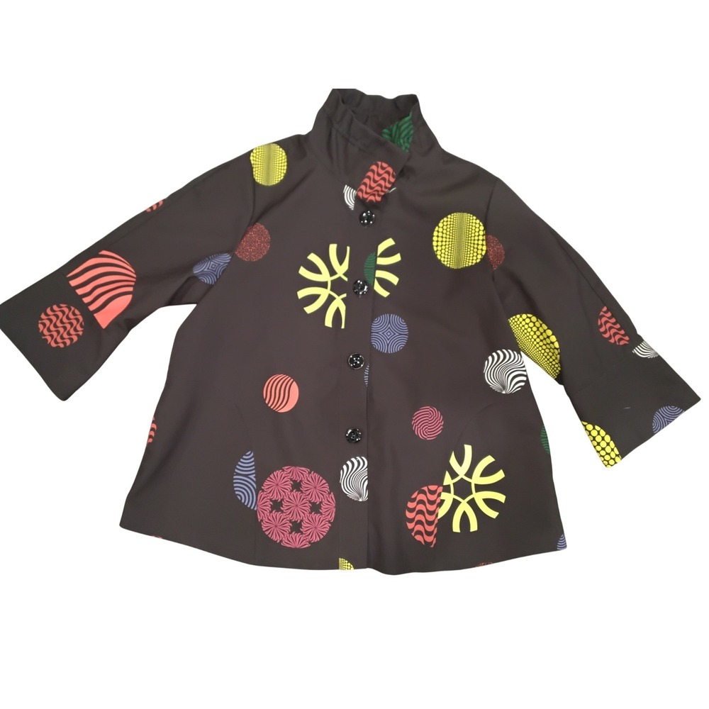 Samuel Dong Abstract Circle Print Funnel Neck Jacket Brown Multi Color XL